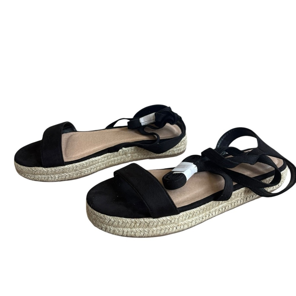 PrettyLittleThing Black Espadrille Platform Wrap Sandals with Tan Jute Sole